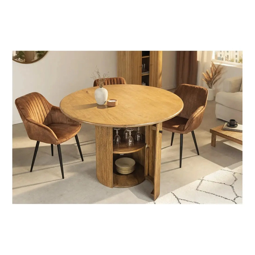 Table YONA – Rotonda diametro 120 cm – Legno massiccio di mango verniciato – Con vani integrati – Stile rustico