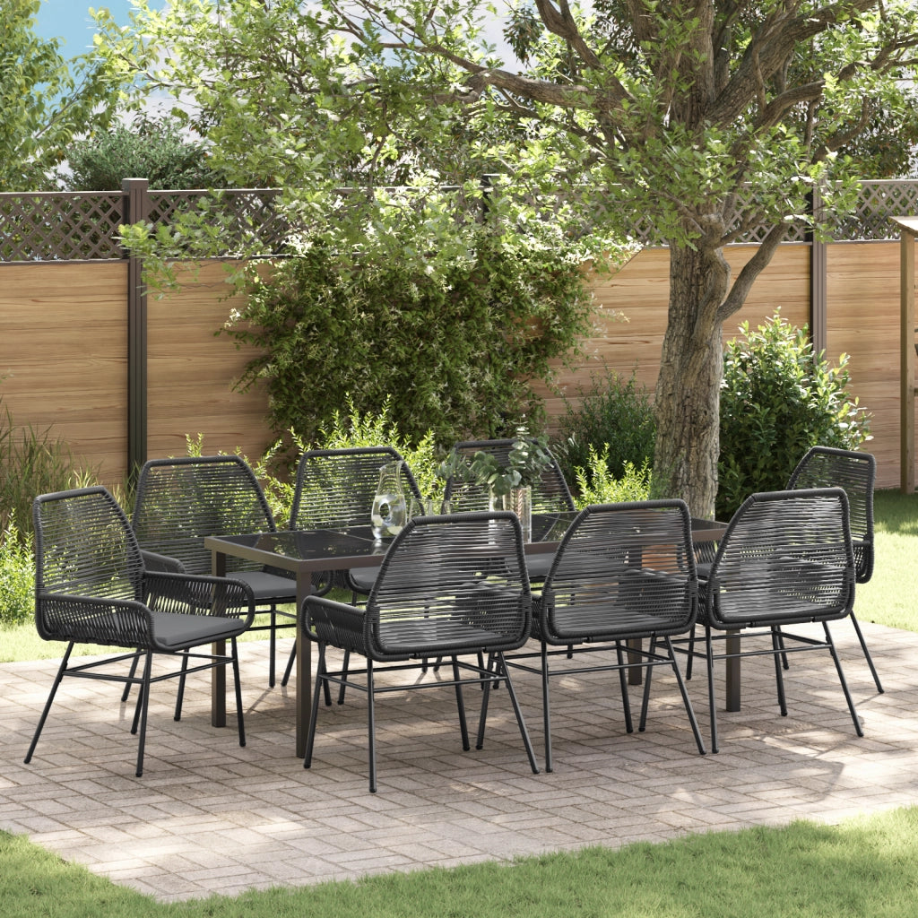 Set da pranzo da giardino 9 pezzi con cuscini in polyrattan nero