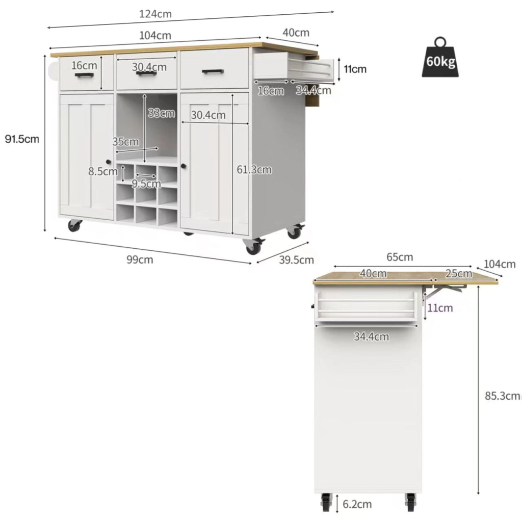 Carrello da Cucina con 3 Cassetti; 2 Ante; Portaspezie; Portaasciugamani e Piano Ribaltabile in MDF 104x39;5x91;5 cm Bianco