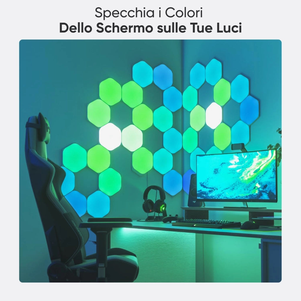 Shapes Hexagon Starter Kit, 9 Esagoni Luminosi LED RGBW Smart, Applique da Parete Interno Modulari, Luci Led 16M Colori WiFi, Funziona con Alexa, Sincronia Musica e Monitor, Deco e Gaming