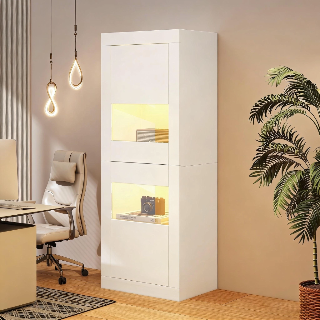 Vetrina bianca con illuminazione LED, 61 x 42 x 162 cm, 2 ante, ripiani in vetro regolabili, mobile espositivo da pavimento