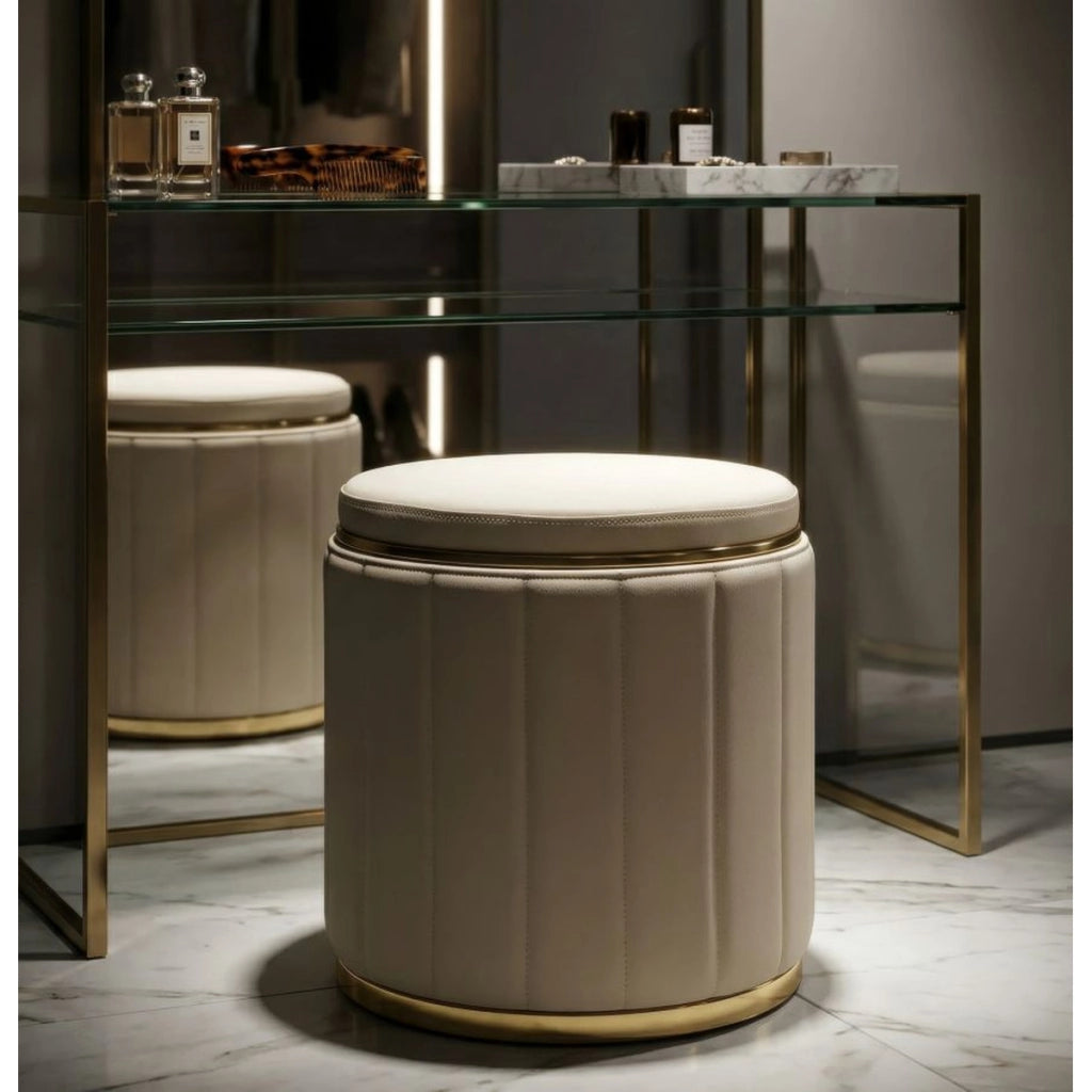 Pouf contenitore London crema con base in metallo oro
