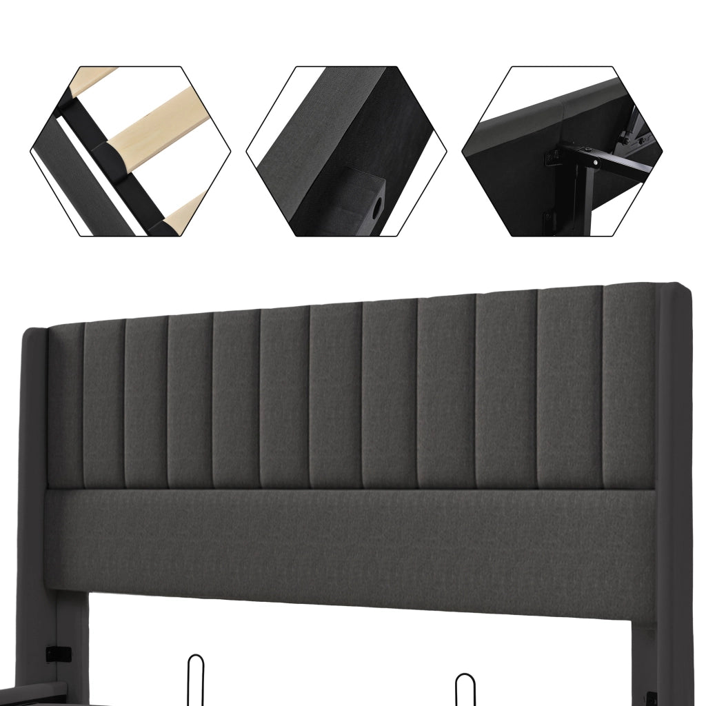 OKWISH Letto Contenitore 180×200 cm, Letto Matrimoniale con Contenitore, Testiera Imbottita e Doghe, senza Materasso, in Lino, Grigio