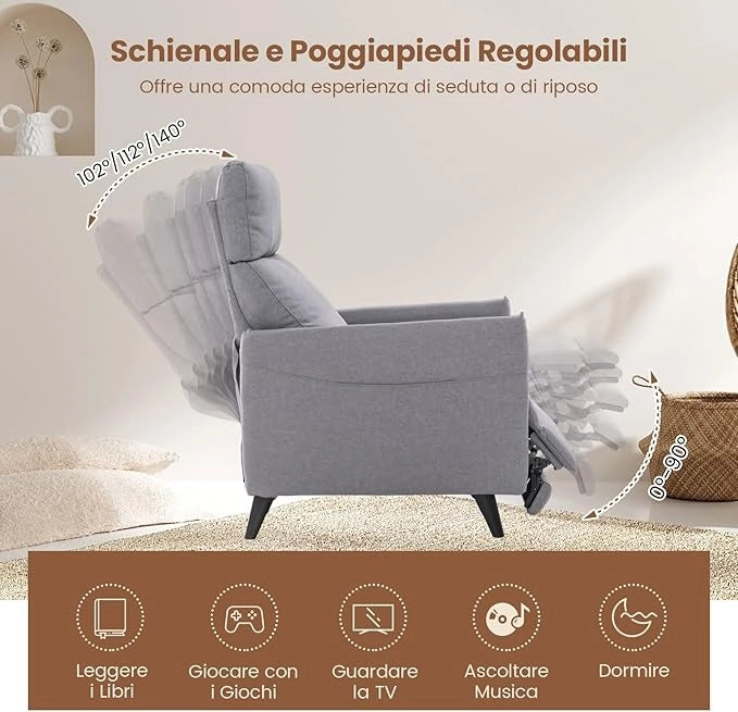 Poltrona Reclinabile, Poltrona in Tessuto di Lino con Schienale e Poggiapiedi Regolabili, Sedile Morbido Imbottito, 2 Tasche, per Soggiorno Camera da Letto, Carico 120 kg (Grigio chiaro)