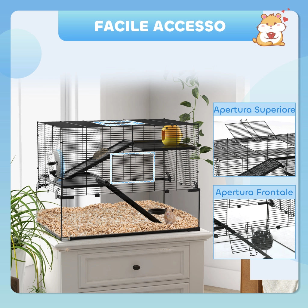 Gabbia per Criceti a 3 Livelli 76.5x48.5x54.5 cm con Base in Vetro Temperato Ruota e Accessori Nero