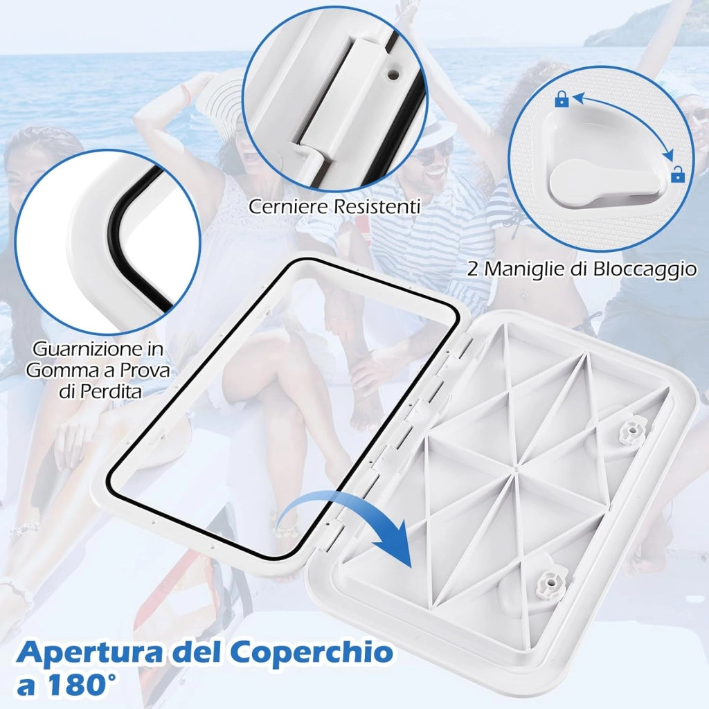 Portello d’Ispezione in ABS 60,5 x 35,5 cm, Portello di Accesso del Ponte Rettangolare Antiscivolo Apertura a 180°, Copertura del Ponte Marino della Barca, Bianco