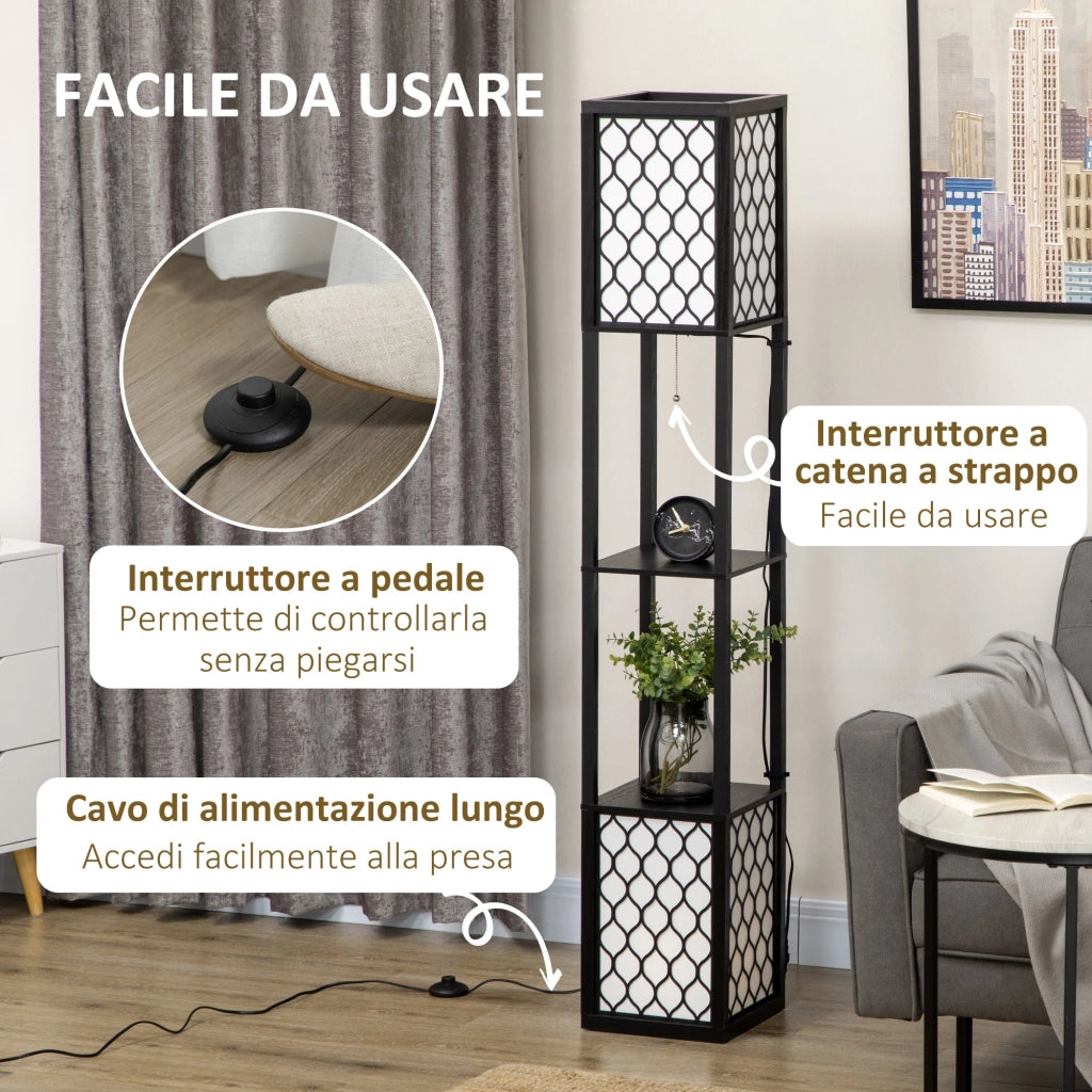 Lampada da Terra a Colonna 26x26x156 cm con 2 Ripiani in MDF e Plastica Nera