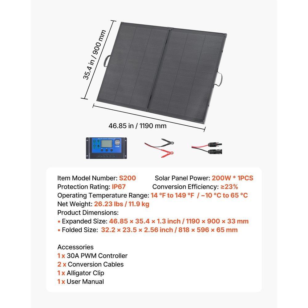 Foldable 200W Solar Panel, Portable Monocrystalline Solar Module With 30A PWM Controller, MC4 Output & Frame, 23% High Efficiency, IP67 Waterproof For Camping, Hiking & RV Travel