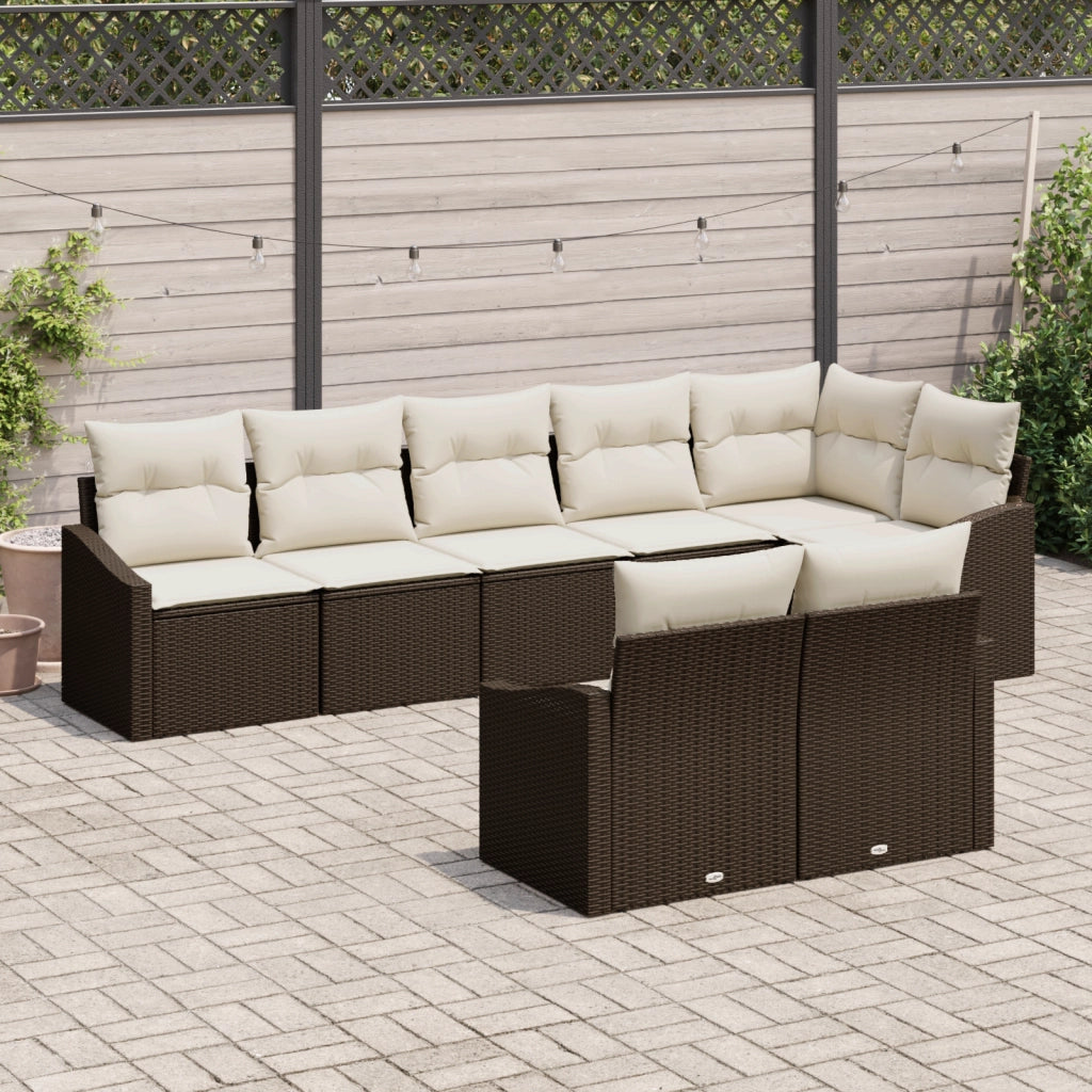 Set da Pranzo da Giardino 8 Pezzi con Cuscini Marrone Polirattan
