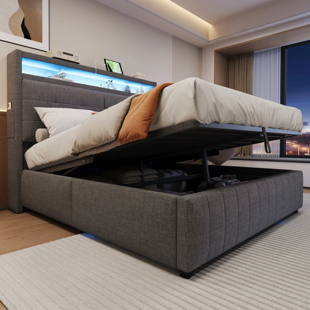 Letto Contenitore; Letto Matrimoniale 160x200 cm; USB; LED e Ripiani - Grigio