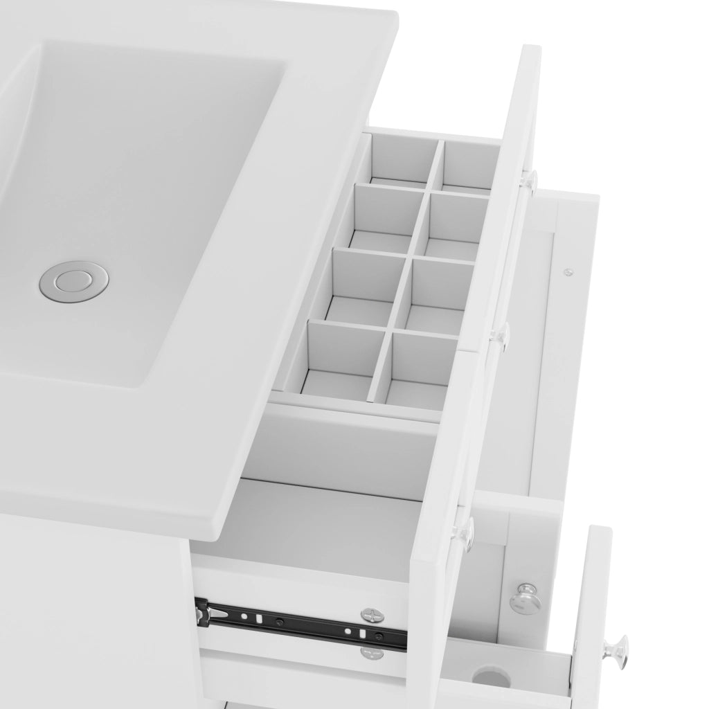 Mobile bagno freestanding con lavabo in ceramica, 76x47x86 cm, bianco, in MDF con finitura laccata, 3 cassetti e anta, chiusura soft-close