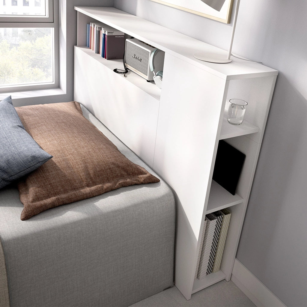 Lander, Testiera Letto con Vani Libreria, 23x127 cm Bianco