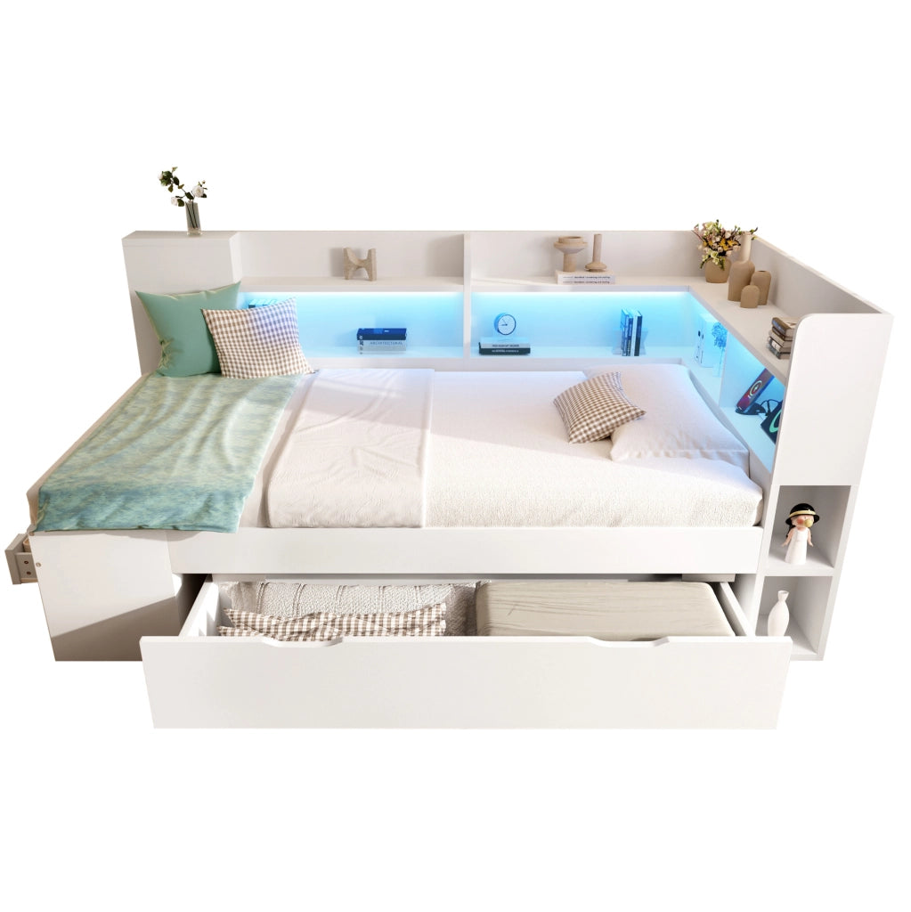Letto Giorno 90x200 cm Bianco con LED, USB e Type-C, Legno MDF con Cassetti e Mensole, Include Materasso e Rete a Doghe
