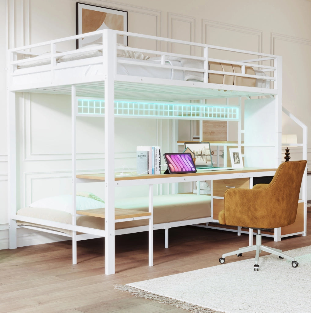 Hochbett multifunzione con scrivania; LED e prese integrate; bianco; 140x200/90x200 cm