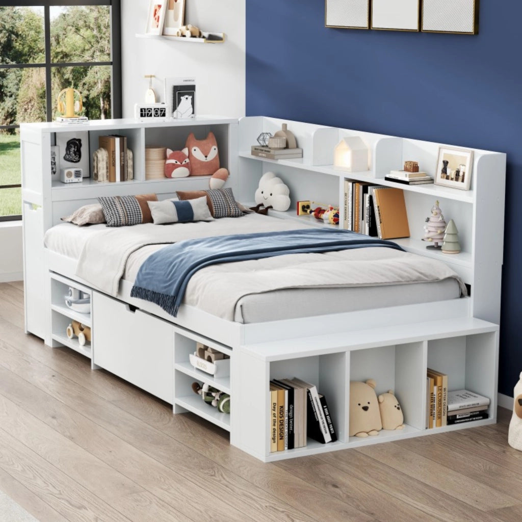 OKWISH Letto Bambino 90×190 cm, Letto Singolo con Contenitore, Cassetti e Mensole, senza Materasso, in Compensato, Bianco