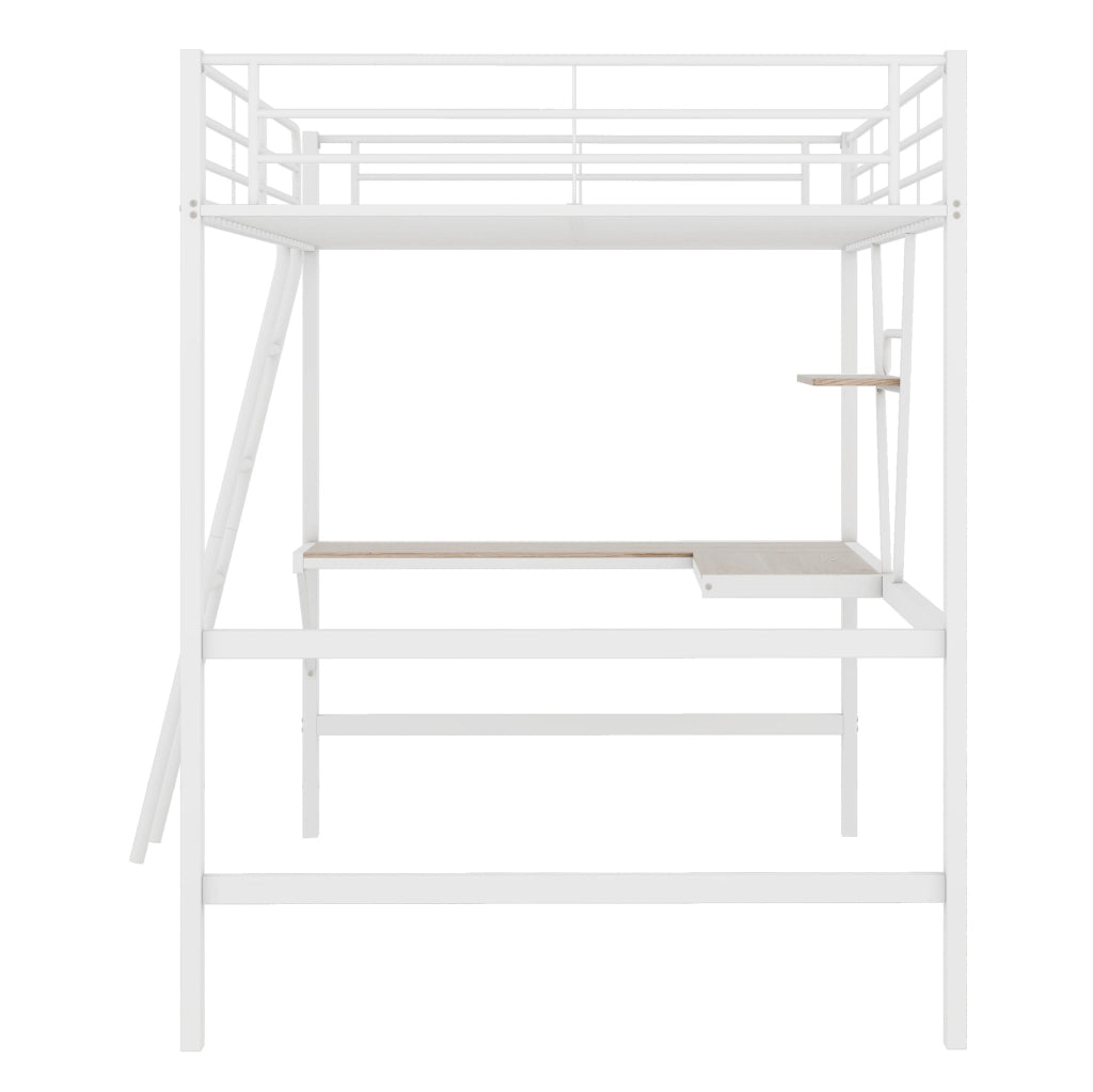 Letto a soppalco 90x200 cm con scrivania a L e scaffale bianco