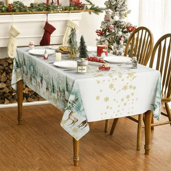 Tappeto da tavola per Natale, 130 x 220 cm, neve dorata, cervo, tappeto da tavola per festa, picnic, cena, decorazione