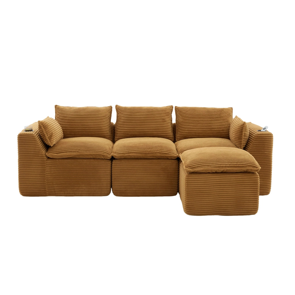 Divano modulare 3 posti con pouf in velluto a coste arancione HAVRYA