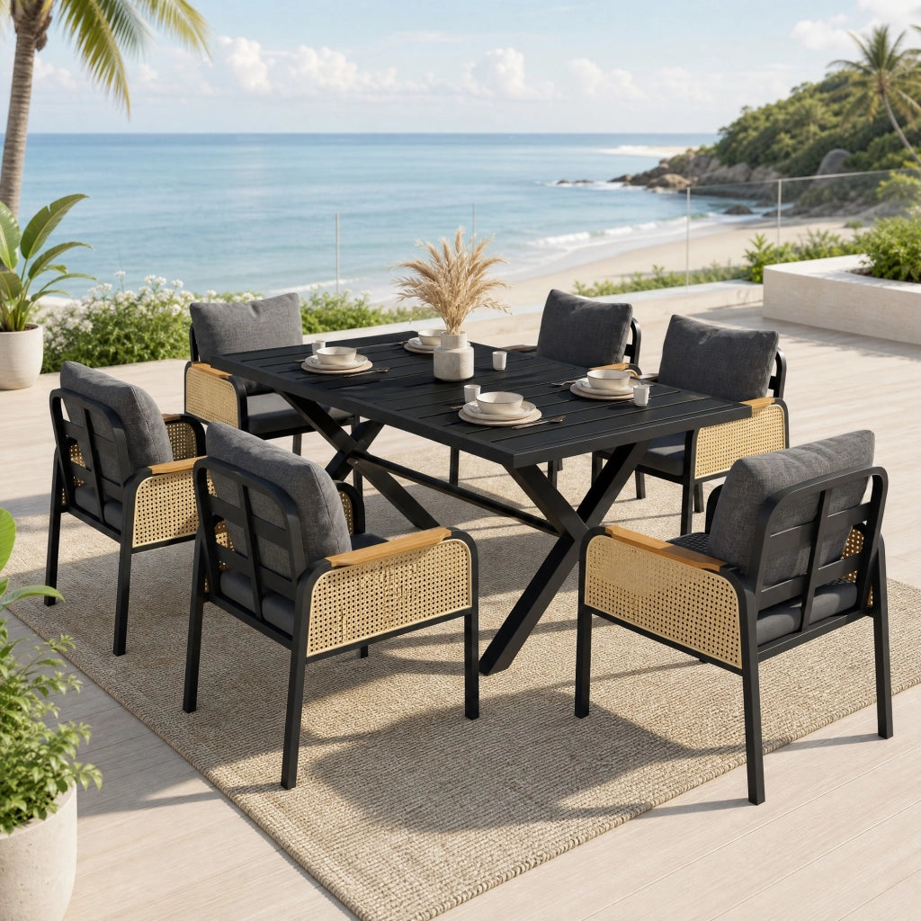 Set da pranzo da giardino per 6 persone con tavolo 148x80x75 cm e sedie in nero e naturale