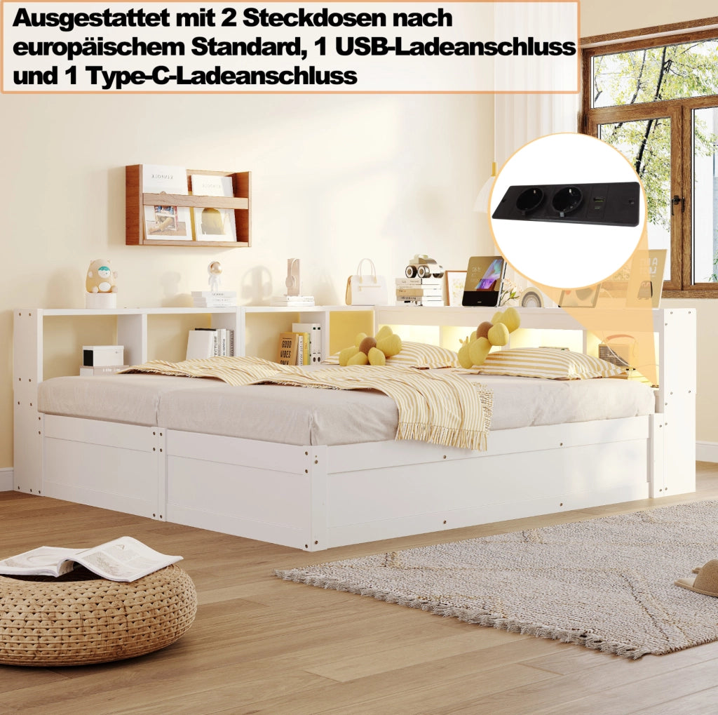 Letto multifunzione 90/180 x 200 cm con LED; prese integrate e vano idraulico; bianco