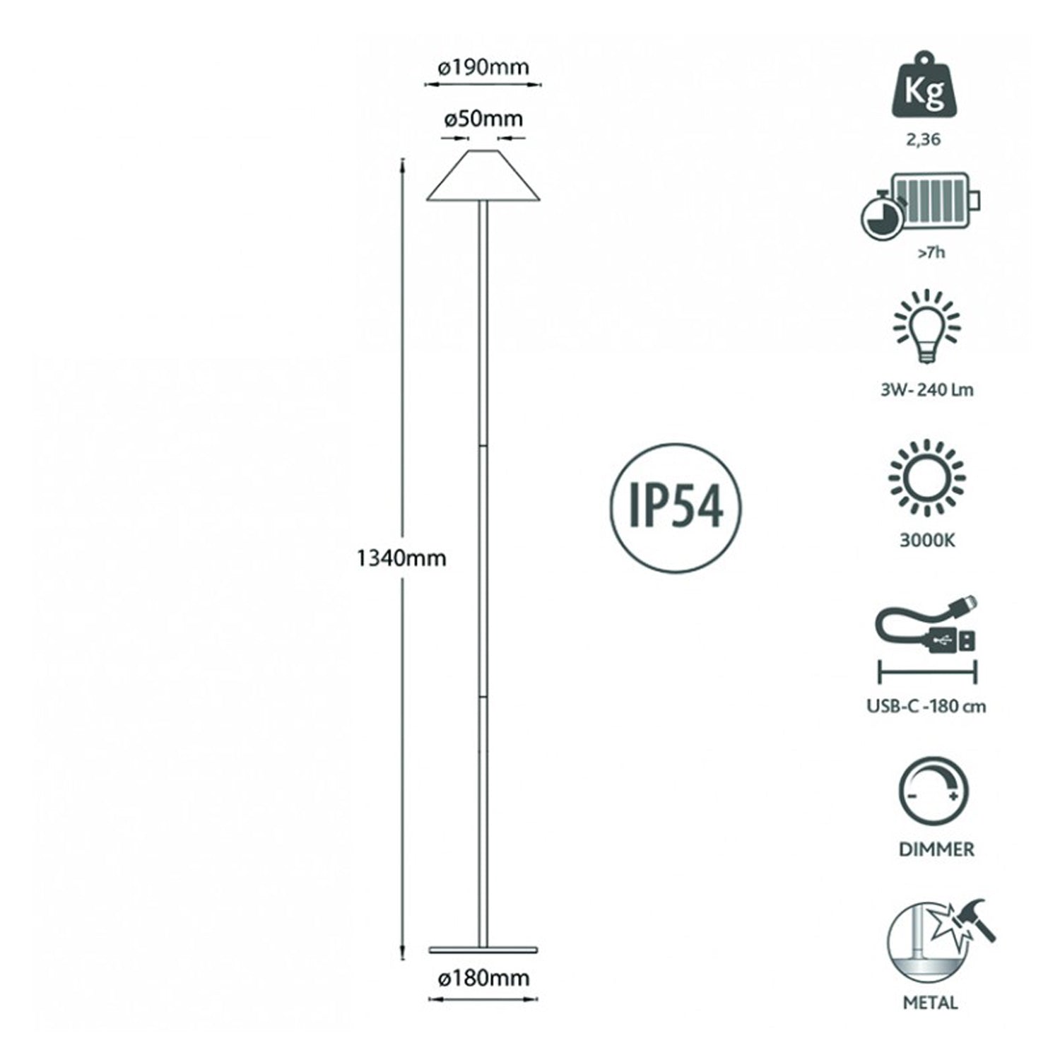 Liberty Lampada da Terra LED 3W 3000K – Ricaricabile a Batteria, Dimmer Touch, USB-C, Portatile per Interno ed Es Nero