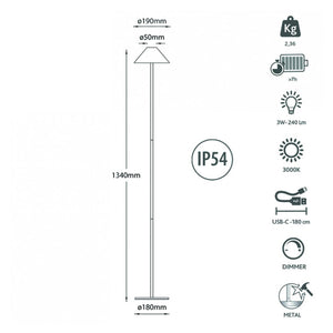 Liberty Lampada da Terra LED 3W 3000K – Ricaricabile a Batteria, Dimmer Touch, USB-C, Portatile per Interno ed Es Nero