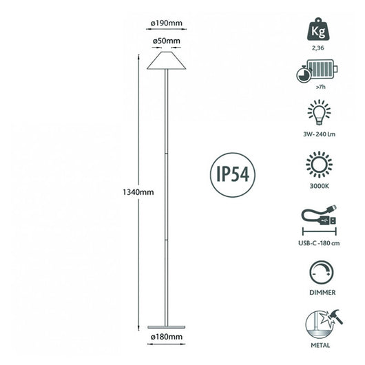 Liberty Lampada da Terra LED 3W 3000K – Ricaricabile a Batteria, Dimmer Touch, USB-C, Portatile per Interno ed  Bianco