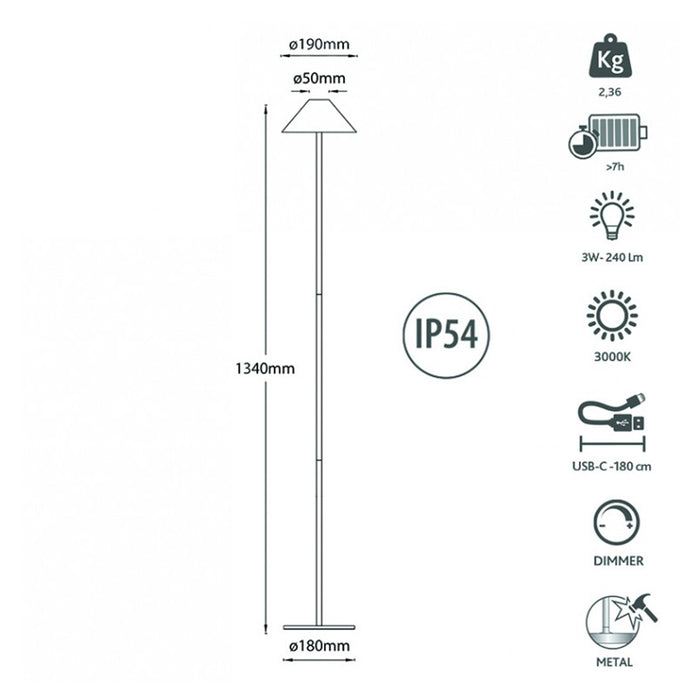Liberty Lampada da Terra LED 3W 3000K – Ricaricabile a Batteria, Dimmer Touch, USB-C, Portatile per Interno ed  Bianco
