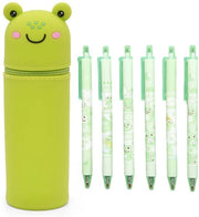 Etui 2 in 1 in silicone morbido per 6 gelpennelli 0,5 mm, contenitore in piedi, etui per animali per bambina/bambino (rana)