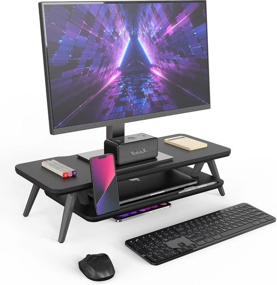 Supporto Monitor in Legno con Cassetto di Archiviazione - 60x235x145cm - Nero