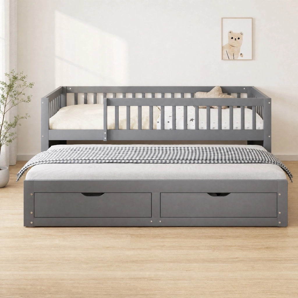 Divano letto multifunzionale con letto estraibile e 2 cassetti; 90x200 cm; grigio