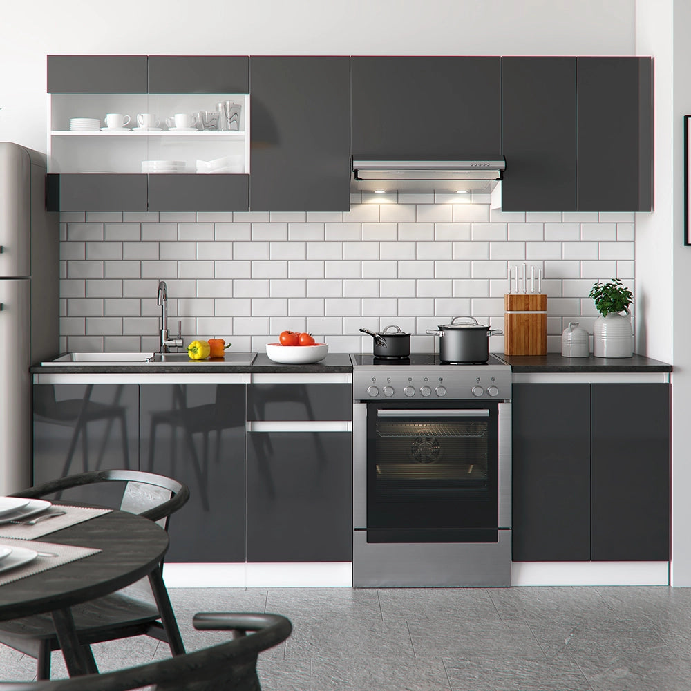 Mobile da cucina Raul Antracite lucido/Bianco 240 cm, AP Nero con striscia LED Vicco