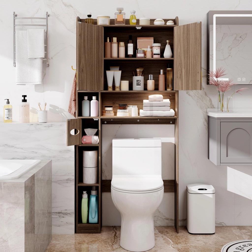 Mensola sopra il wc con armadietto a 2 ante 6 scomparti aperti-Mobiletto da appoggio porta fazzoletti gancio ripiano regolabile Grigio