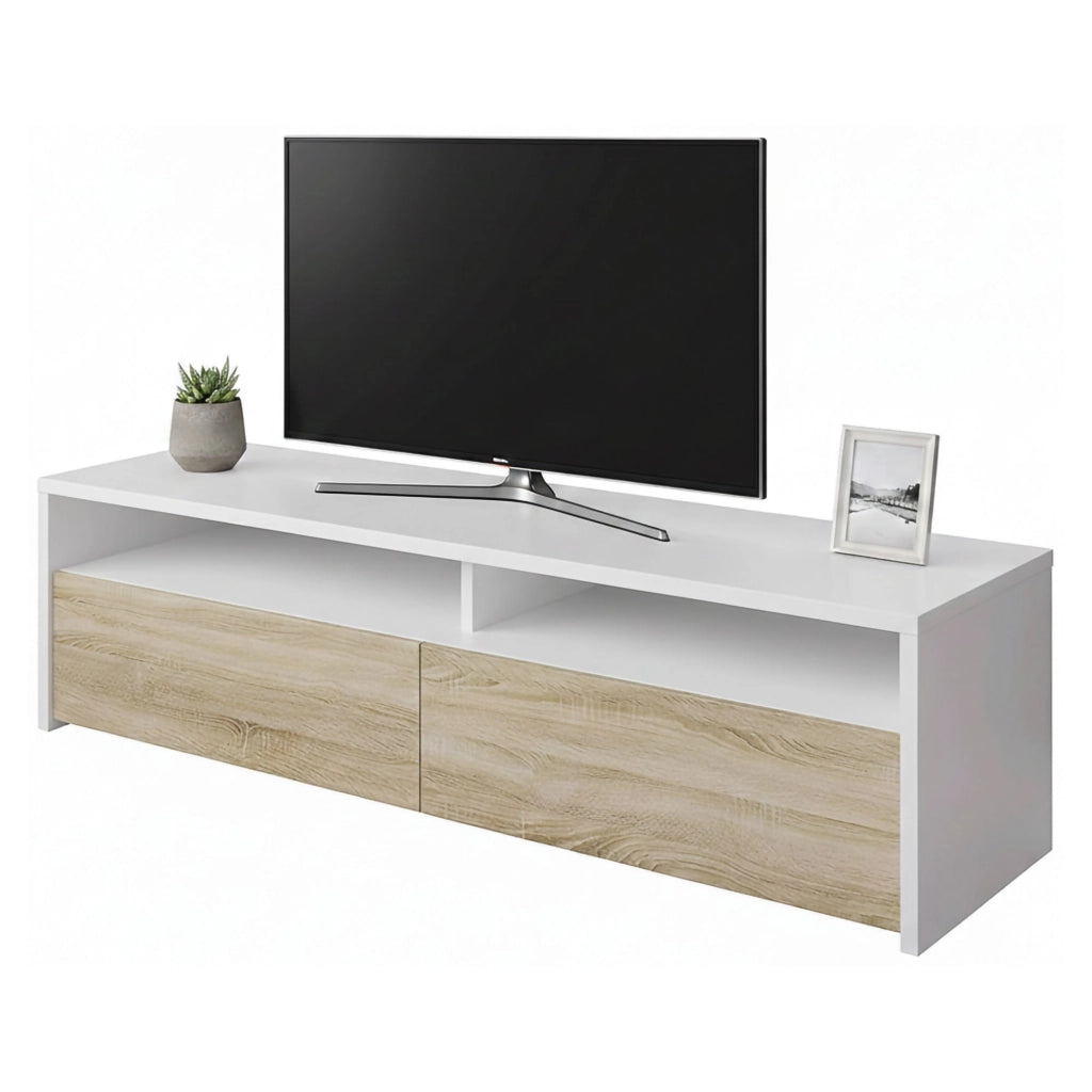 Mobile porta TV Ahuri, Credenza per televisione da soggiorno con 2 ante, Supporto TV, Buffet moderno basso da salotto, cm 130x40h36, Bianco lucido