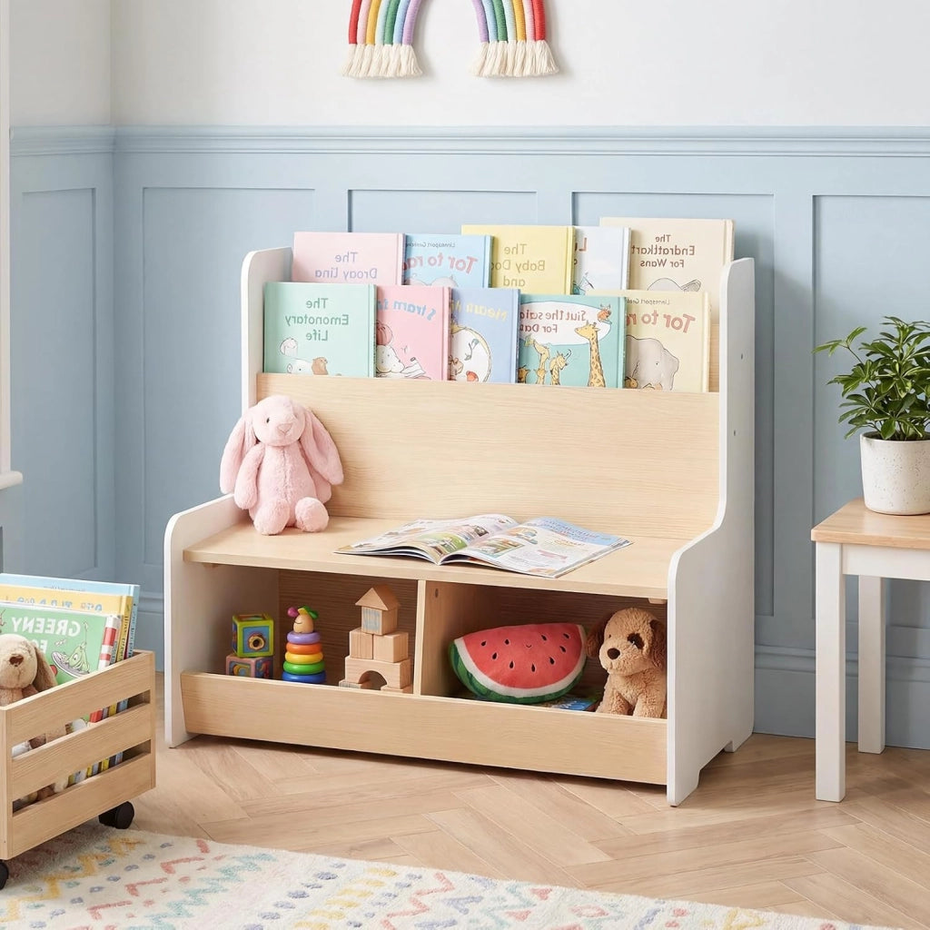 Libreria Montessoriana Salvaspazio per Bambini con Panchina Bianco | Porta Libri Bambini con Portariviste a 2 Ripiani, 2 Scomparti Aperti e Cuscino Seduta Rimovibile per Cameretta
