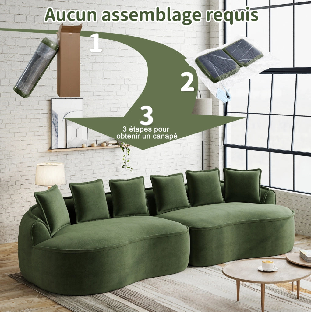 Divano modulare Chenille verde senza telaio con chaise longue extra ampia e cuscini inclusi