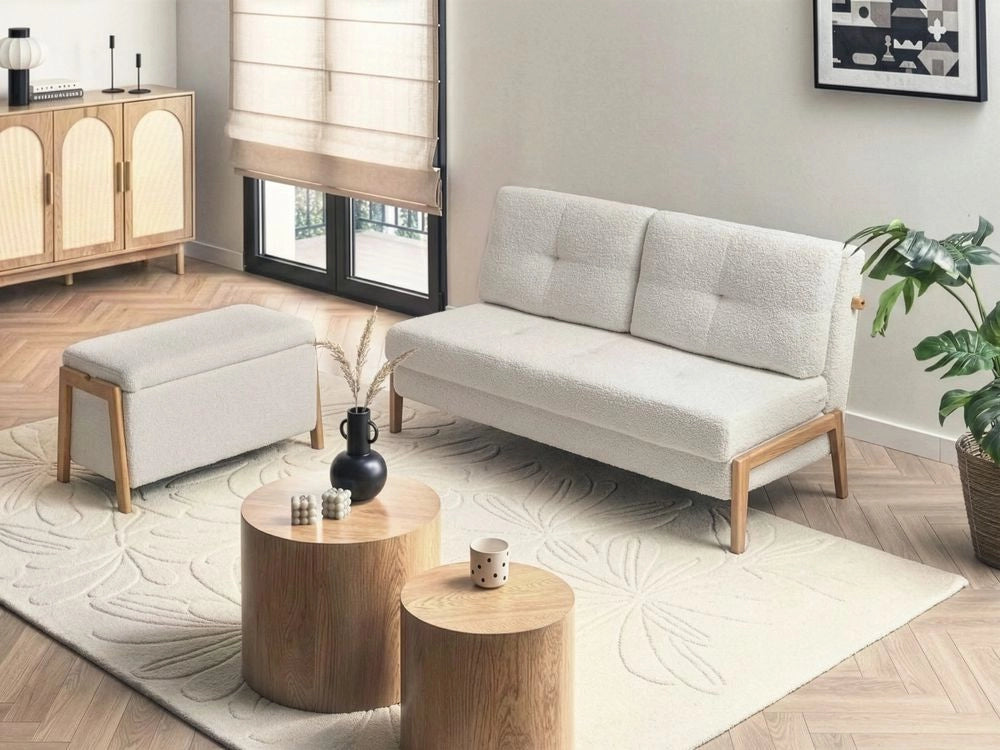 Set divano e panca Bouclé bianco imbottito Gambe in ferro Funzione letto Contenitore aggiuntivo Stile moderno