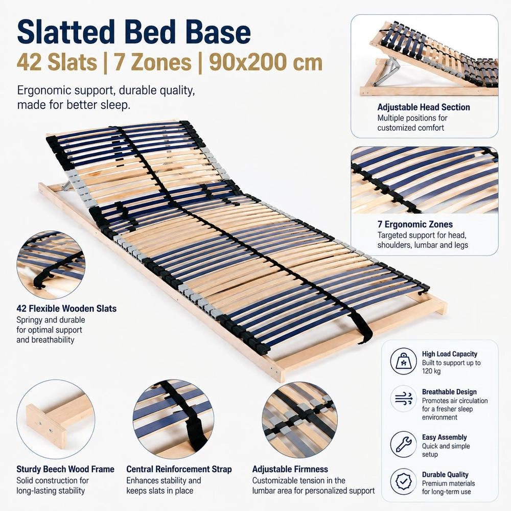 Slatted Frame With 42 Slats 7 Zones 90x200 Cm