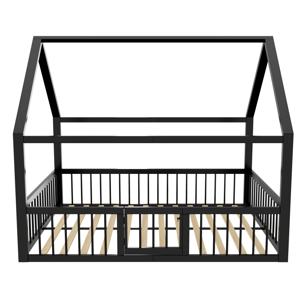OKWISH Letto a casetta 140×200 cm, Letto Matrimoniale con Sponde e Cancelletto, senza Materasso, in Metallo, Nero