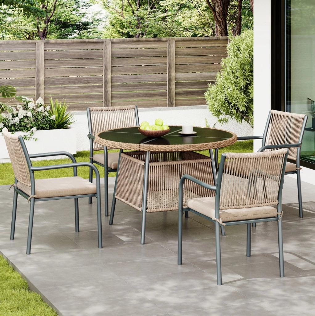 Set da giardino 5 pezzi con tavolo rotondo in vetro temperato; sedie con braccioli; grigio
