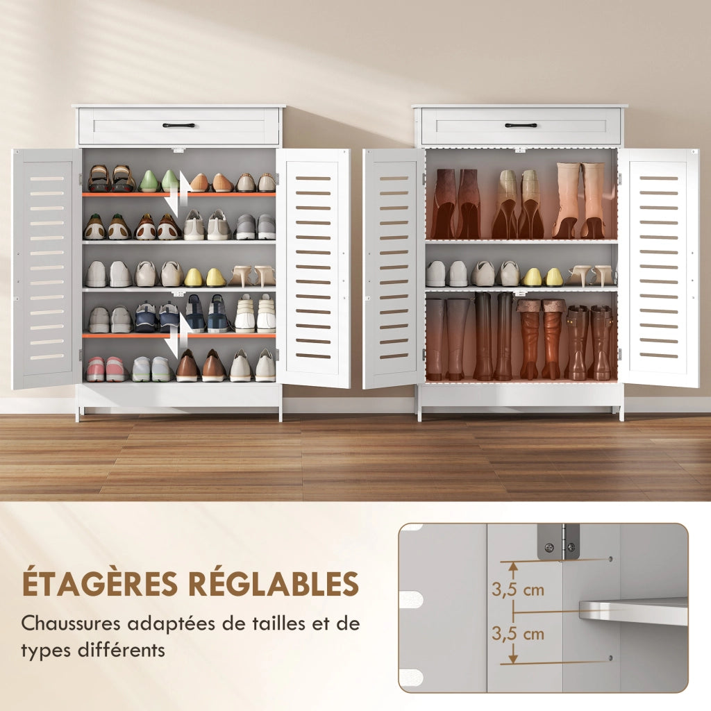 Scarpiera con ante a persiane, cassetto e ripiani regolabili ¨C Zephmum ¨C Bianco 40x85x30