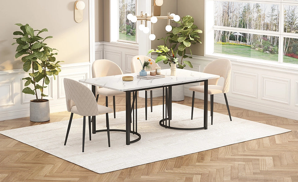 Set da pranzo 5 pezzi con tavolo 140x80 cm e 4 sedie in velluto beige