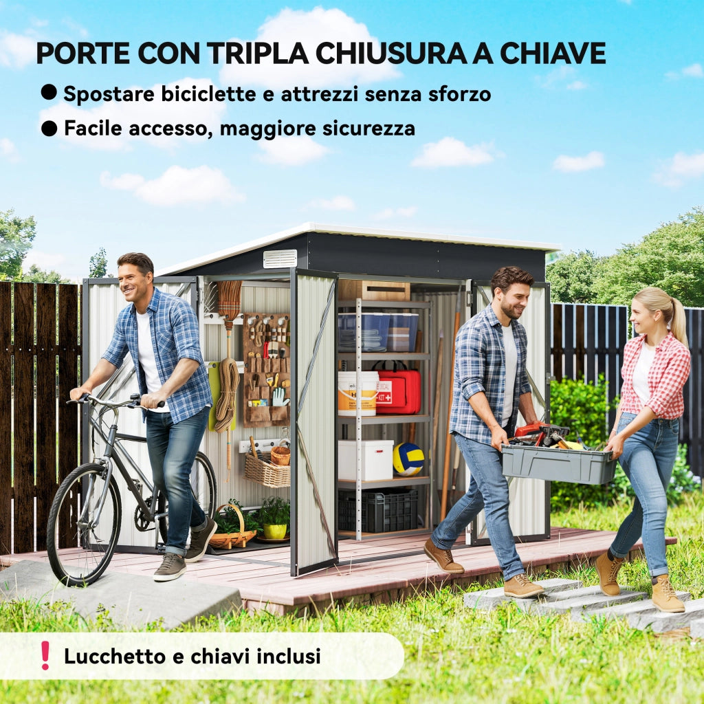 Casetta Box da Giardino 234x132x185 cm con 3 Porte Bloccabili in Acciaio Grigio Scuro
