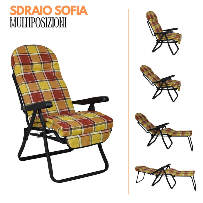 Marvin Sdraio Reclinabile da Giardino Sofia con Poggiapiedi Estraibile, 7 Posizioni, Cuscino Anat ROSSO/ARANCIO A QUADRI