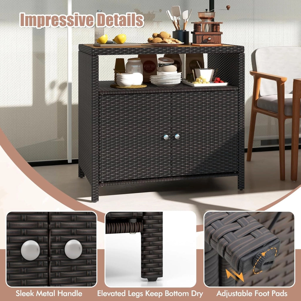 Armadio da Esterno Impermeabile in Rattan, Armadietto Basso con Piano di Lavoro in Legno e Ripiano Aperto, Credenza da Cucina, Balcone, Giardino, Corridoio, 90 x 53 x 86 cm (Marrone)