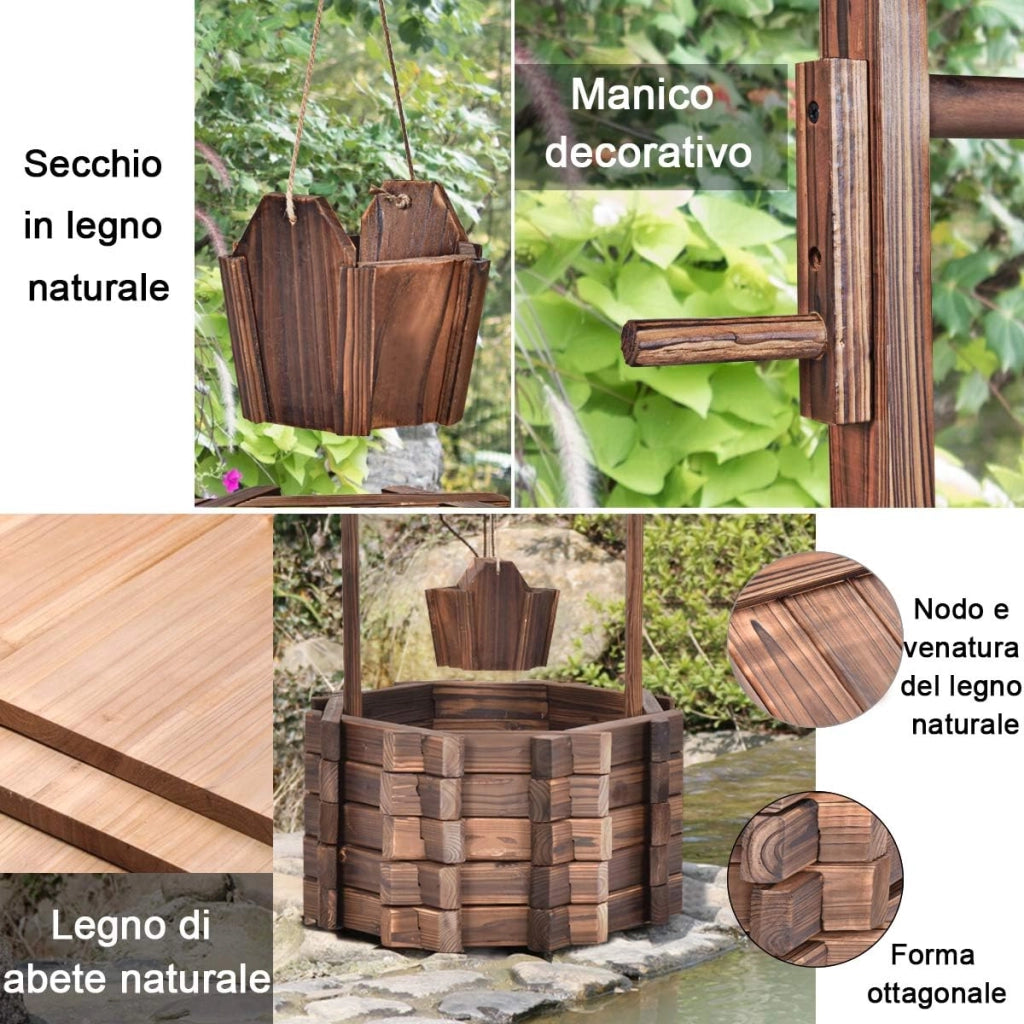 Pozzo da Giardino, Pozzo Decorativo, Legno d'Abete, Manovella Girevole, da Esterno, Marrone