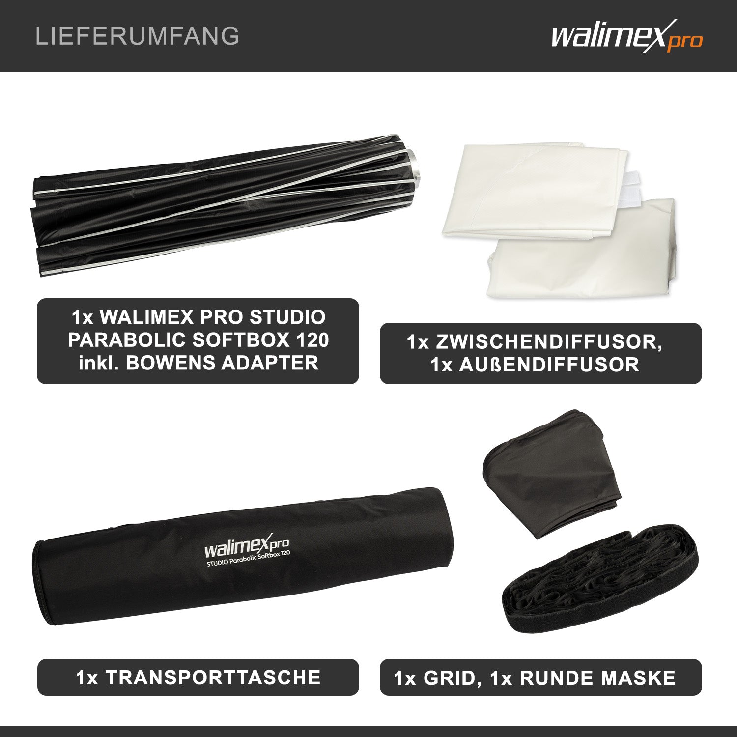 Studio Parabolic Softbox 120cm, ruotabile a 360°, facile da montare grazie alla funzione ombrello, con griglia, maschera, adattatore Bowens e borsa per il trasporto, ideale per ritratti