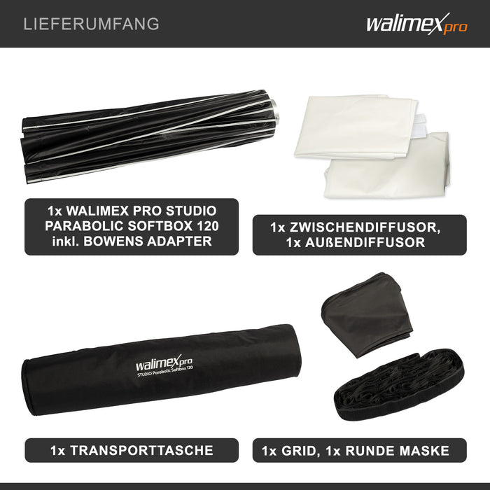 Studio Parabolic Softbox 120cm, ruotabile a 360°, facile da montare grazie alla funzione ombrello, con griglia, maschera, adattatore Bowens e borsa per il trasporto, ideale per ritratti