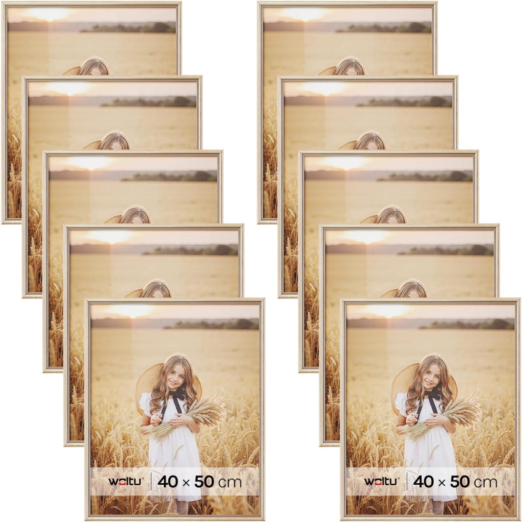 Cornice per Foto 40x50cm Set di 10 Cornice da Parete e Tavolo, Portafoto con Cornice in Legno Massello e Pannello in Plastica, Collage Foto, Oro