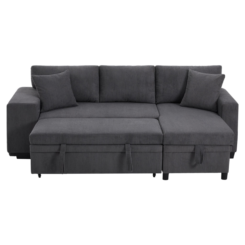 Divano Angolare Convertibile 3-4 Posti con Letto, USB e USB-C, Contenitore, Scaffale, Velluto a Coste Grigio
